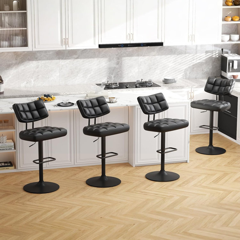 Swivel Adjustable Height Bar Stools with Footrest and Thick Cushion Curved Backrest(Set of 2), Black