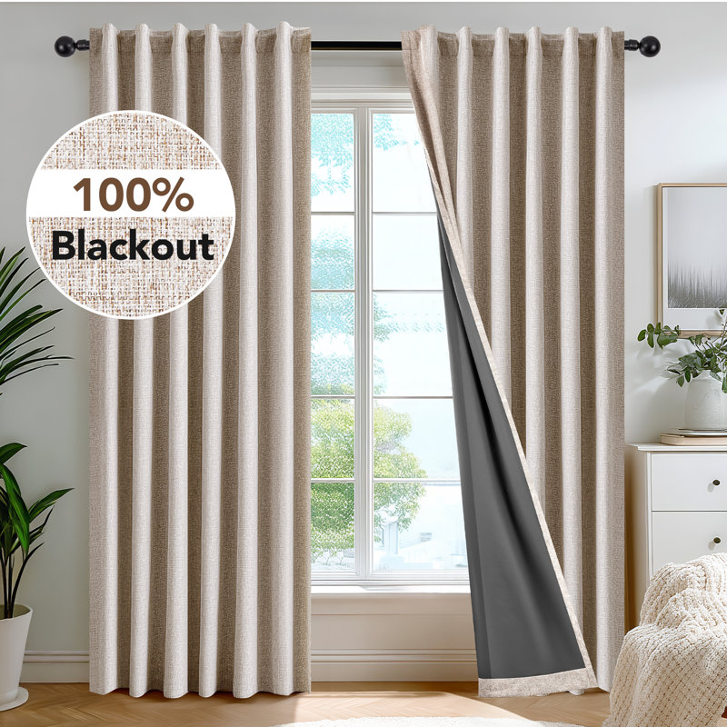100% Blackout Faux Linen Curtains with TPU Backing – Dual-Layer Noise Reducing & Thermal Insulated Drapes, 52" W x 72" L