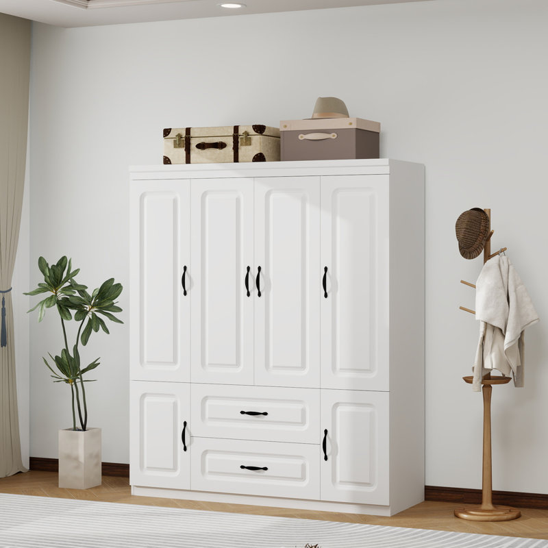 Armoire-penderie moderne à 4 portes avec 2 tiroirs et barre de suspension