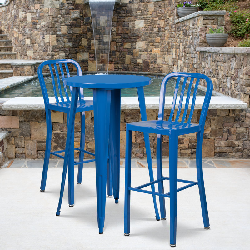 Drumfane 30'' Round Metal Indoor-Outdoor Bar Table Set with 2 Vertical Slat Back Stools, Blue, 24'' x 24'' x 41''