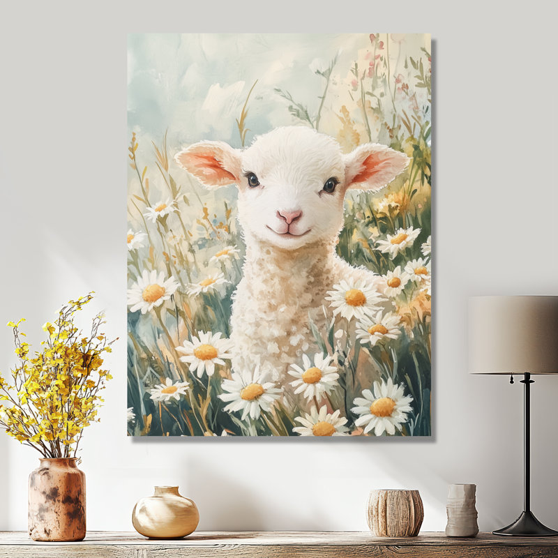 Petit agneau parmi les marguerites II - Printemps, art mural sur toile saisonnier, H 20 po x l 12 po, Toile tendue