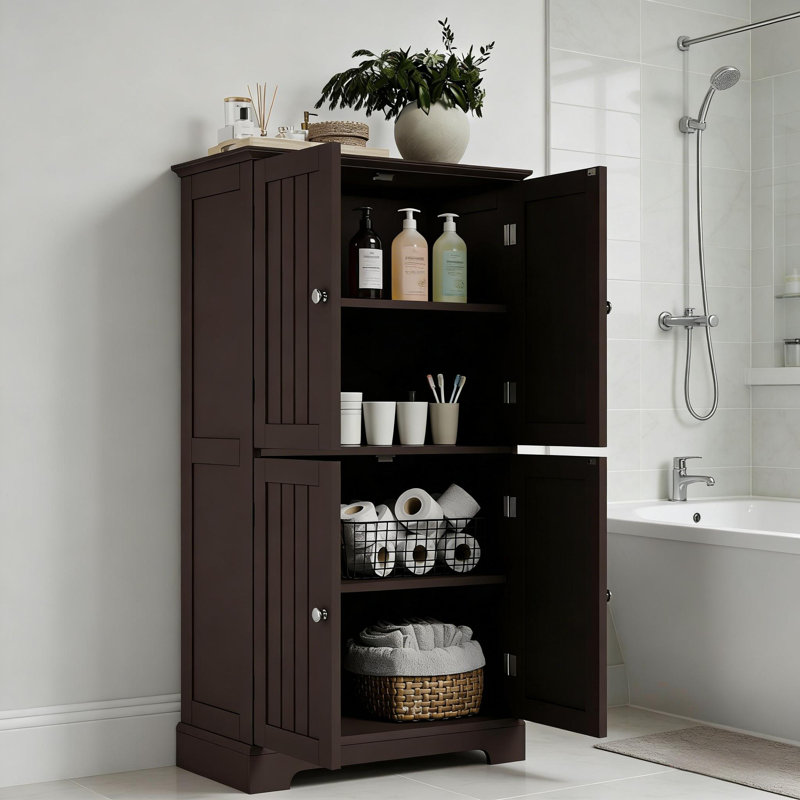 Modern 4-Door Bathroom Floor Storage Cabinet With Adjustable Shelves, Freestanding Cupboard, Espresso