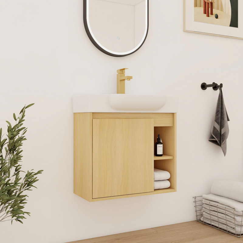 24'' Single Bathroom Vanity With Ceramic Top, Beige, 24"