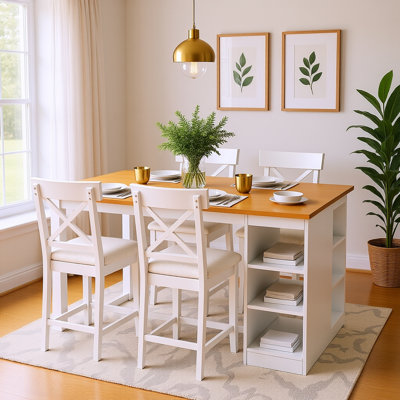 5-Piece Farmhouse Counter Height Dining Set with Storage Shelves and Cushioned Chairs