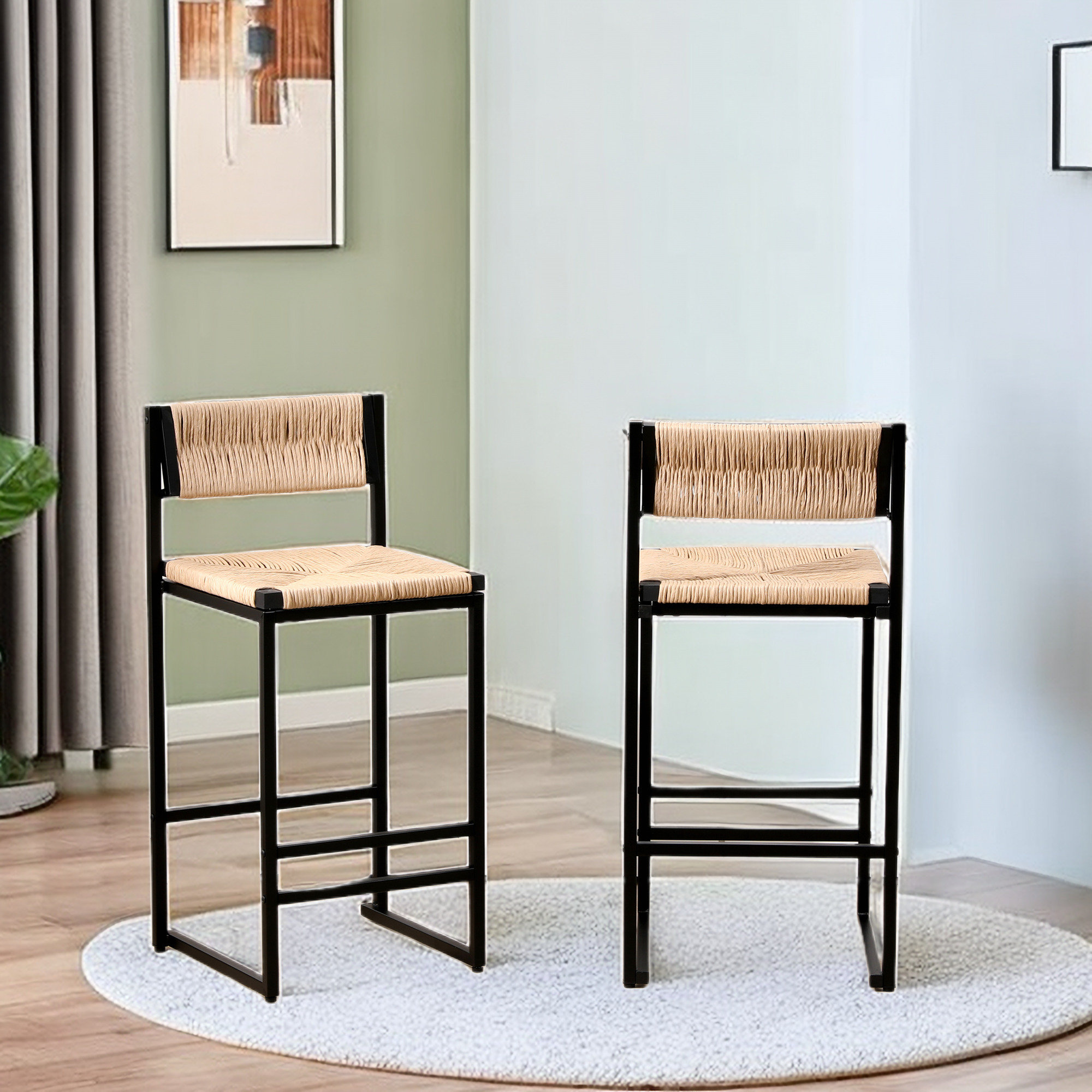 Ebern Designs Direne Paper Rope Woven Bar Stool Set with a Low