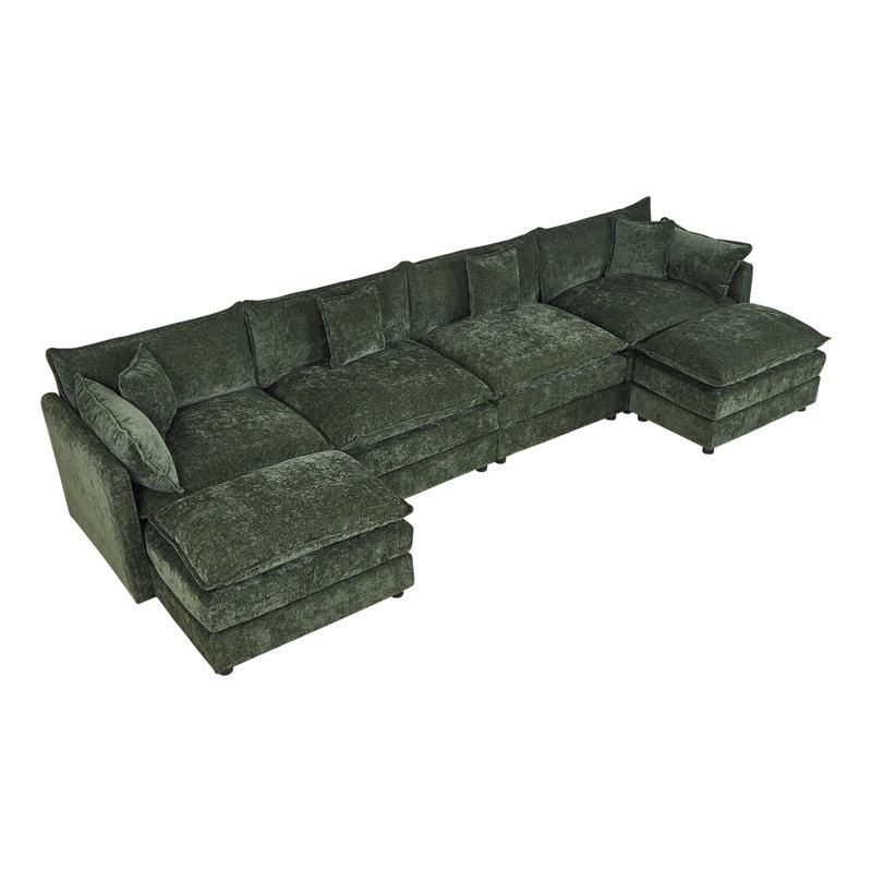 Modern Chenille Loveseat Sofa Couch With Ottoman, 33.85" H x 147.22" W x 35.82" D, Green Chenille