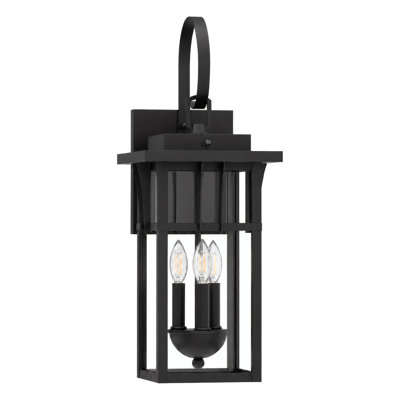 Applique murale extérieure de style campagnard à 3 lumières, 63,5 cm (25 po) de hauteur, activation automatique par cellule photoélectrique crépusculaire, cadre en fer noir mat grain de sable, verre trempé transparent, éclairage câblé résistant aux intempéries pour porche et entrée.