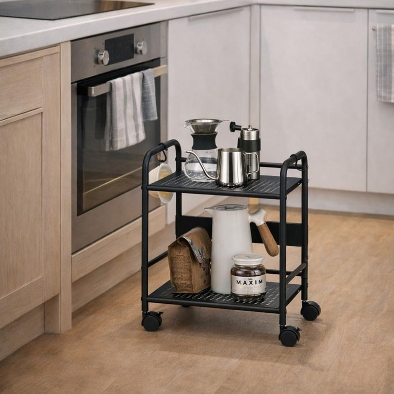 2‑Tier Compact Metal Rolling Cart, Under‑Desk Mobile Storage Organizer With Wheels