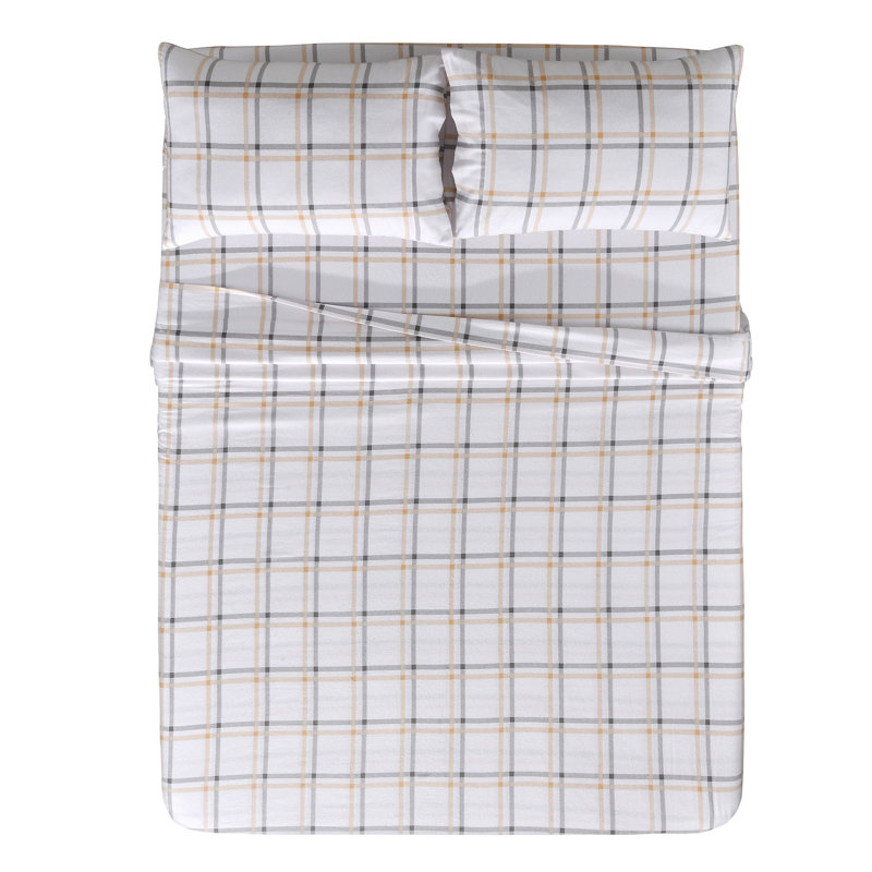 Ensemble de literie en flanelle 100 % coton, Ensemble de draps pour grand lit + un drap-housse , Carreaux écru