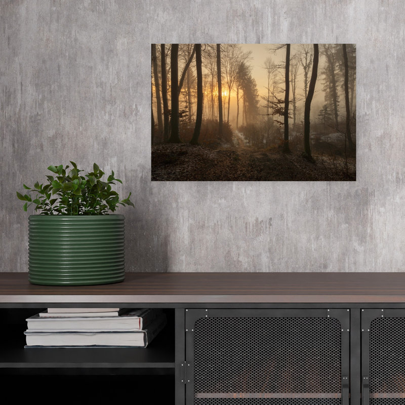 Sunlit Misty Forest Path Ethereal Peaceful Serene Forest Nature Wall Art Print 1 Piece Wrapped Canvas Wall Art