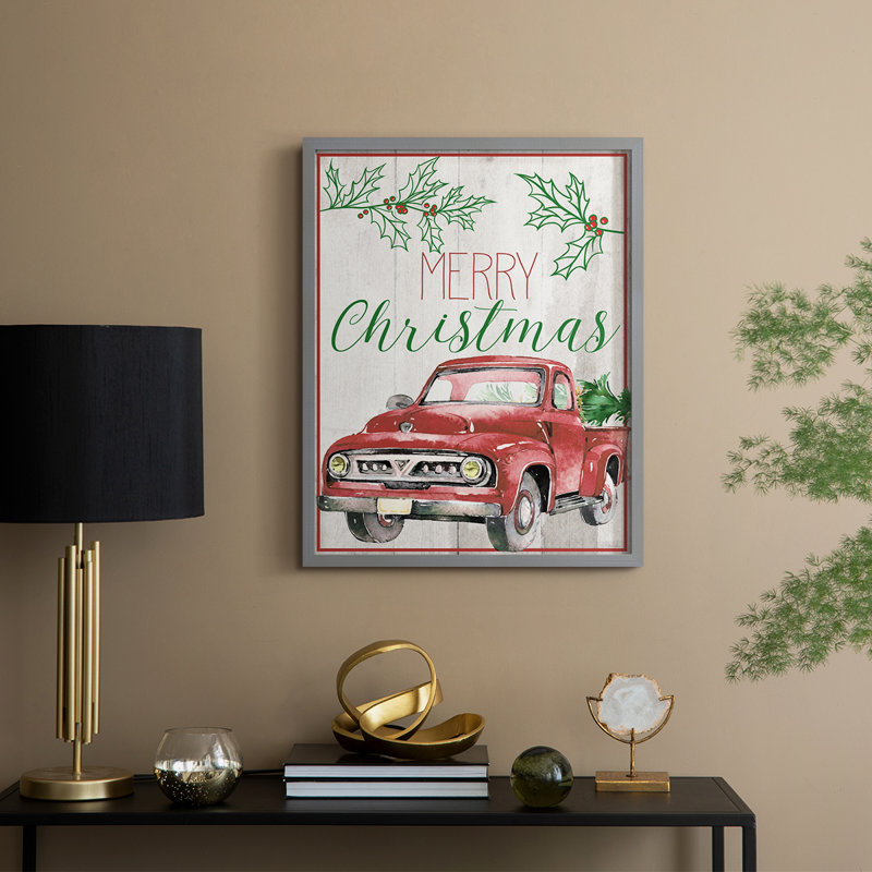 Merry Christmas - camion rouge, reproduction encadrée - bois massif, Gris, H 11 po x l 9 po