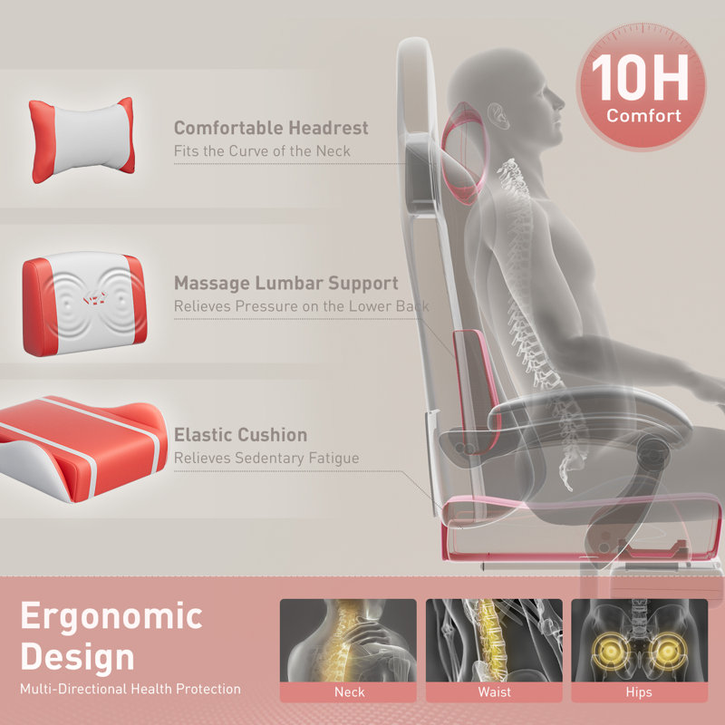 Adjustable Gaming Chair with Massage Lumbar Support, Swiveling PC & Racing Game Chair with Footrest & Headrest, Ergonomic PU Leather Computer Chair for Adults & Teens,White and Red