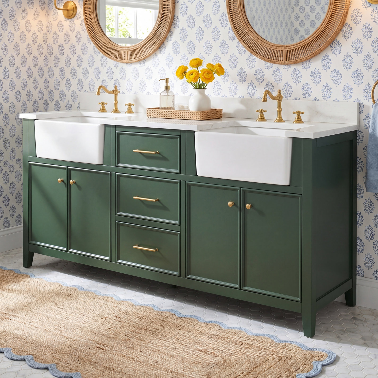 Aisa 72" Pine Double Bathroom Vanity, Evergreen/Brushed Gold