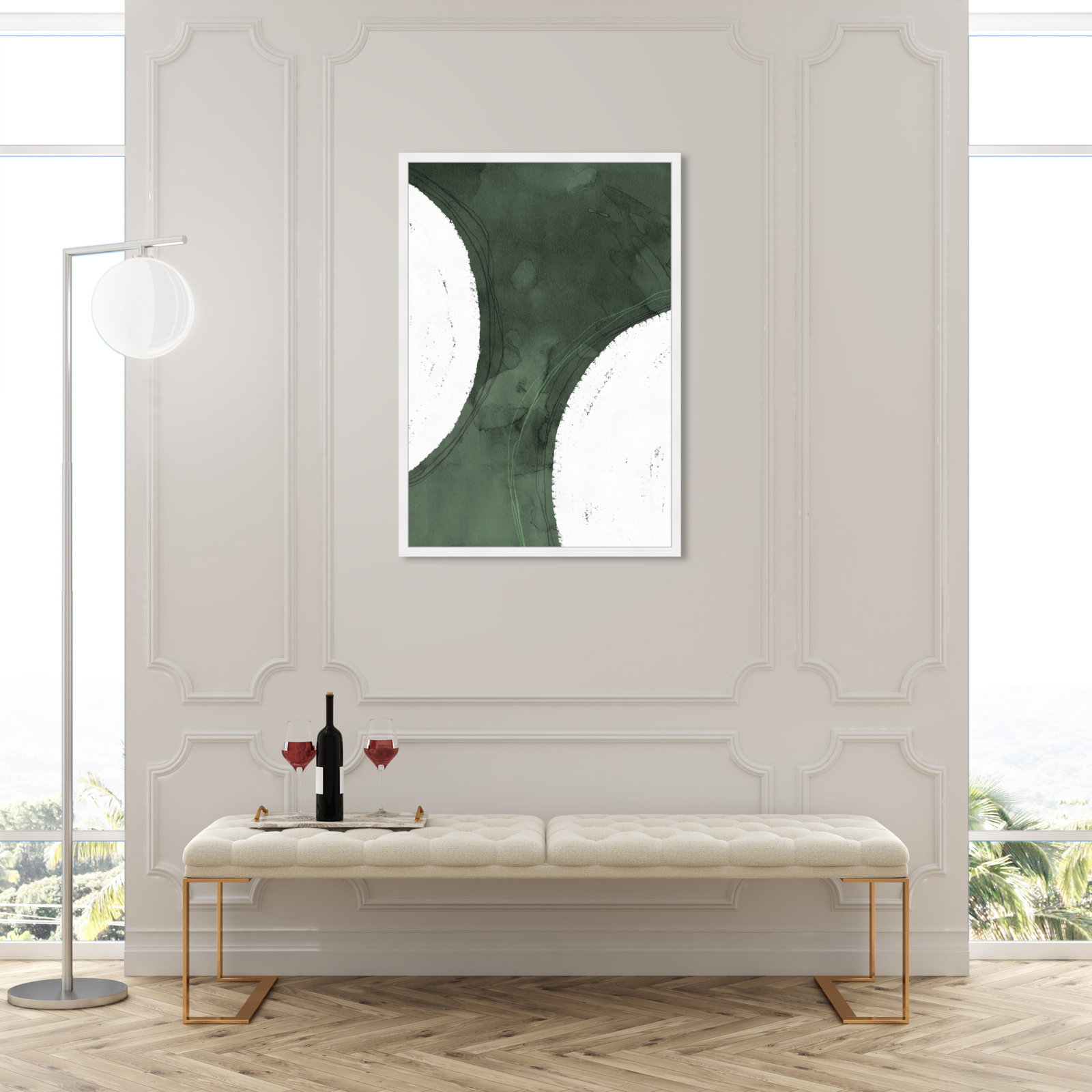 Green Moon Painting by Oliver Gal, 47" H x 32" W x 0.5" D, White