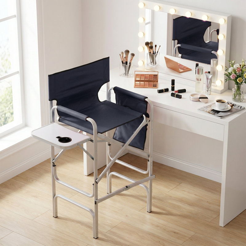 31" Seat Height Tall Folding Camping Chair Directors Chair Foldable Bar Stool with Cup Holder, 250 lbs Capacity, Navy