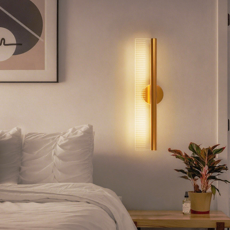 Linear LED Gold Flush Mounted Wall Sconce Dimmable with Striped Texture Clear Panel, 6.5" H x 24.2" W x 3.1, 8 W