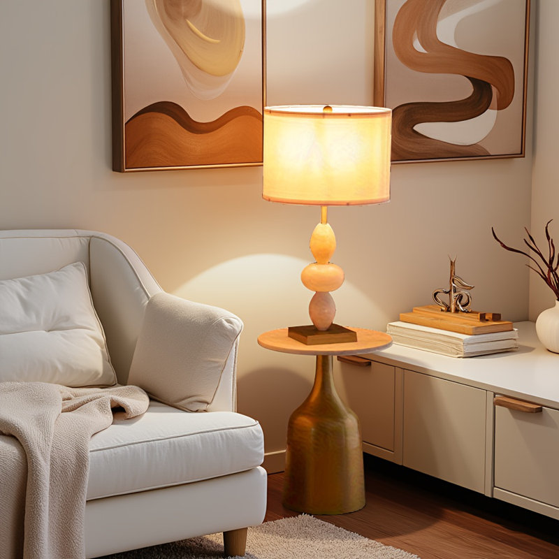 14x26.3" White & Gold Three Tiered Round Table Lamp – Alabaster Accents & White Fabric Drum Shade For Home (shade Assembly Required)