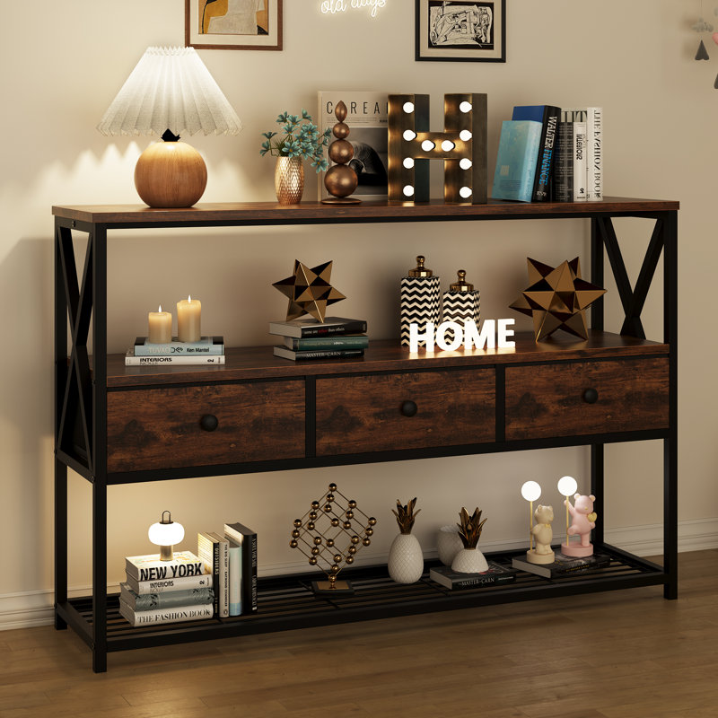 47'' Farmhouse Console Table With 3 Drawers And Open Shelf, Sofa Table Behind Couch For Living Room, Entryway, Hallway, Foyer, Rustic Brown