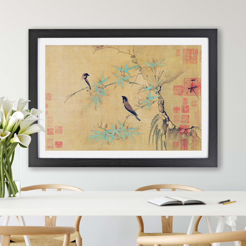 Finches On Bamboo by Zhao Ji - Single Picture Frame Painting, 45cm H x 63cm W x 2cm D, Black