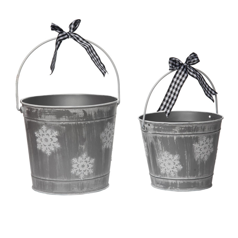 Metal 8.25 in. Gray Christmas Snowflake Buckets with Bow Set of 2