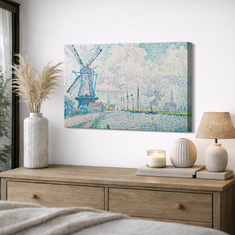 «Windmill Harbor», art de paysage de bord de mer, impression encadrée sur toile, impression sur toile., H 12 po x l 18 po