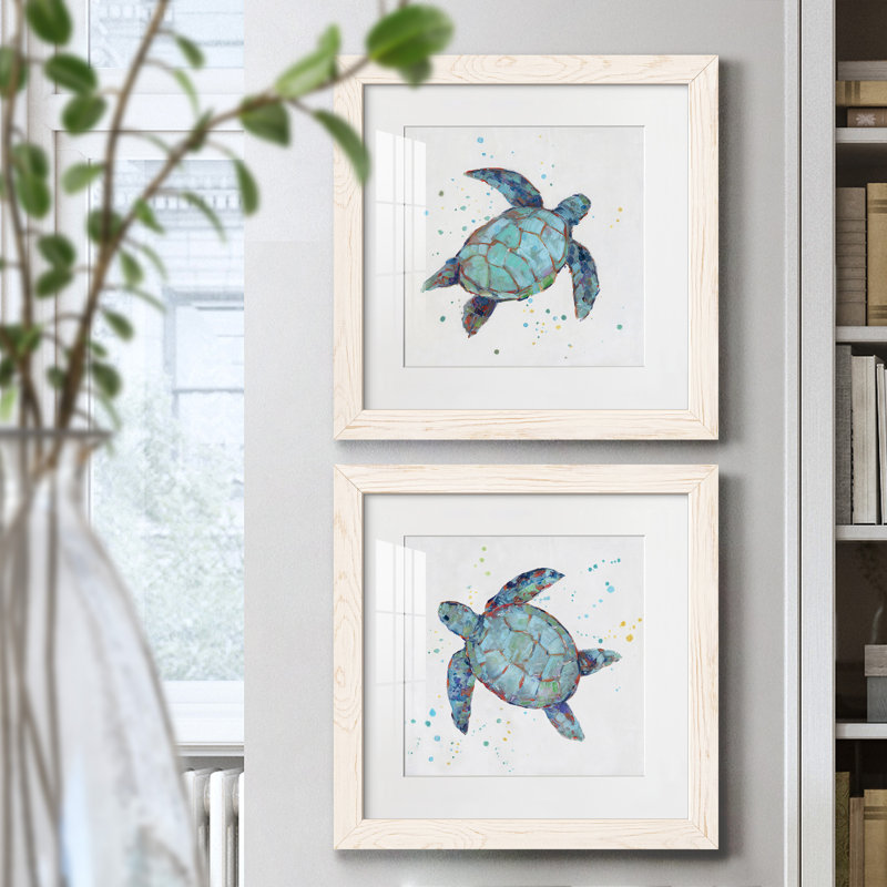 Bulle bleue tortue I - ensemble de 2 reproductions d'art, H 20 po x l 40 po x P 1,5 po, Papier encadré blanc