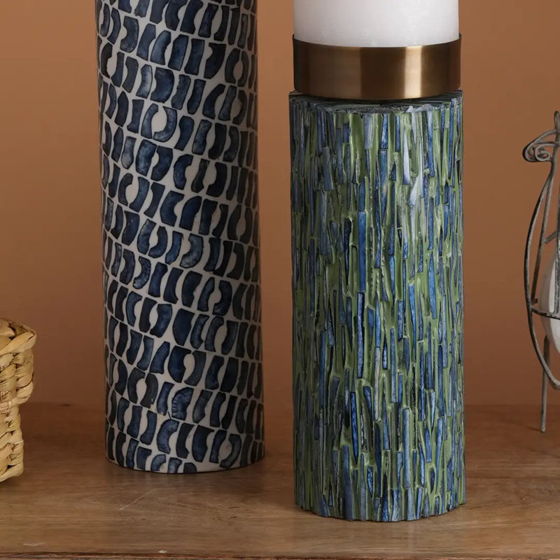India. Curated. Elegant Handcrafted Candle Stand: Blue Bone with White Resin Inlay and Brass Top