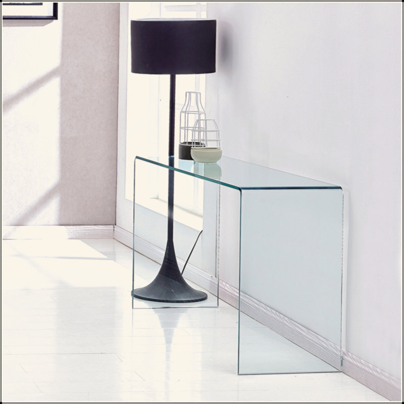 Console en verre, console en verre trempé transparent avec bureaux à bords arrondis, table de canapé