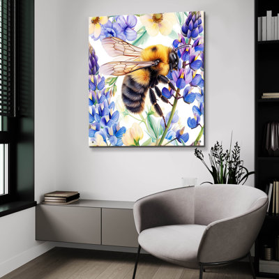 Bee With Blue Flowers' by Momart Acrylic Glass Wall Art