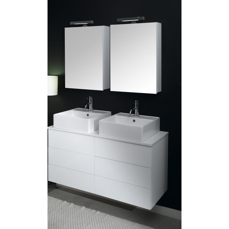 Ensemble de meuble-lavabo de salle de bain double fixé au mur 47 po avec miroir Devon, Blanc lustré