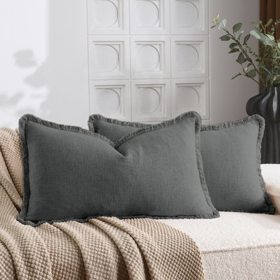 Washed Linen Textured Boho Farmhouse Pillow Cover With Tassels Edge