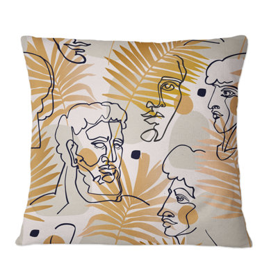 One Line Art Portrait with Tropical Leaves - Coussin décoratif imprimé rétro