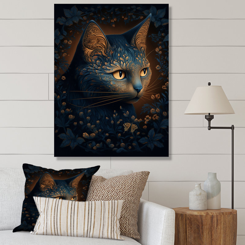 Chat rétro bleu parmi des fleurs I, Toile tendue, H 20 po x l 12 po x P 1 po