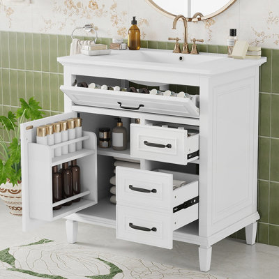 Meuble-lavabo de 30 pouces avec lavabo en céramique, bois massif, bois aggloméré, pin, tiroirs rabattables, tablette réglable et poignées en zinc