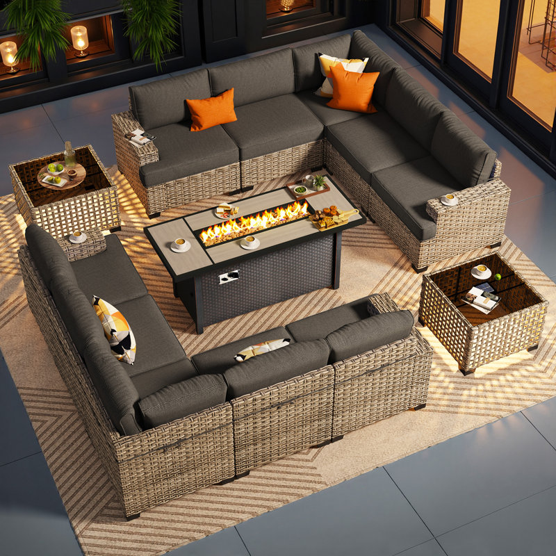 10-Person  Outdoor Sectional With Cushions,Led Coffee Table And Fire Pit,All-Weather Wicker Patio Set, Black