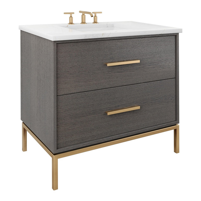 Rift White Oak Two-Drawer Single Bath Vanity, Gray Weathered, Satin Gold, 30"
