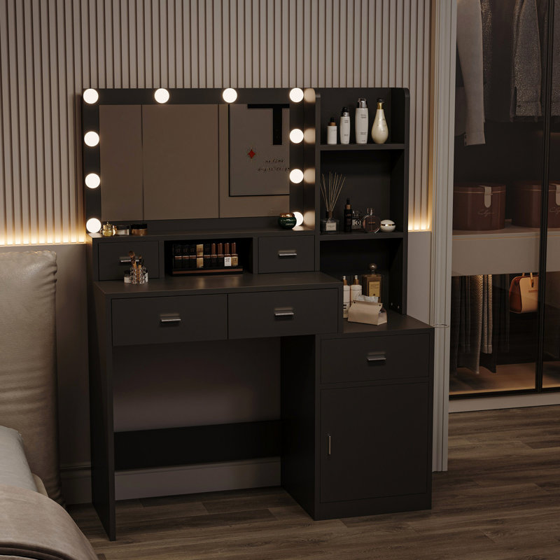 Coiffeuse avec blanc froid pour le maquillage de chambre à coucher traditionnel américain avec rangement adéquat, Black