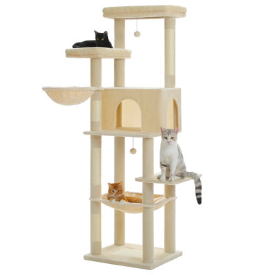 Large Cat Tree, 73 Inches Tall Wooden Cat Tower with 2 Spacious Hammocks,2 Big Top Beds,8 Fully Scratching Posts and Natural Wood Posts, Multi Cat Tree for Indoor Cats
