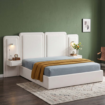 Ensemble de chambre à coucher 3 pièces: lit de rangement rembourré moderne avec lumières DEL et tables de chevet flottantes, très grand, blanc