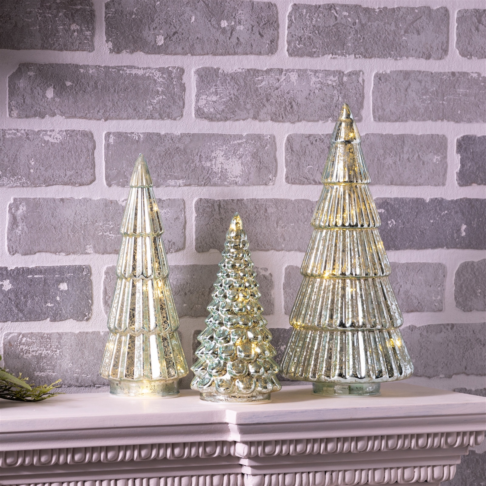 3-Piece Lighted Green Mercury Glass Tree Set