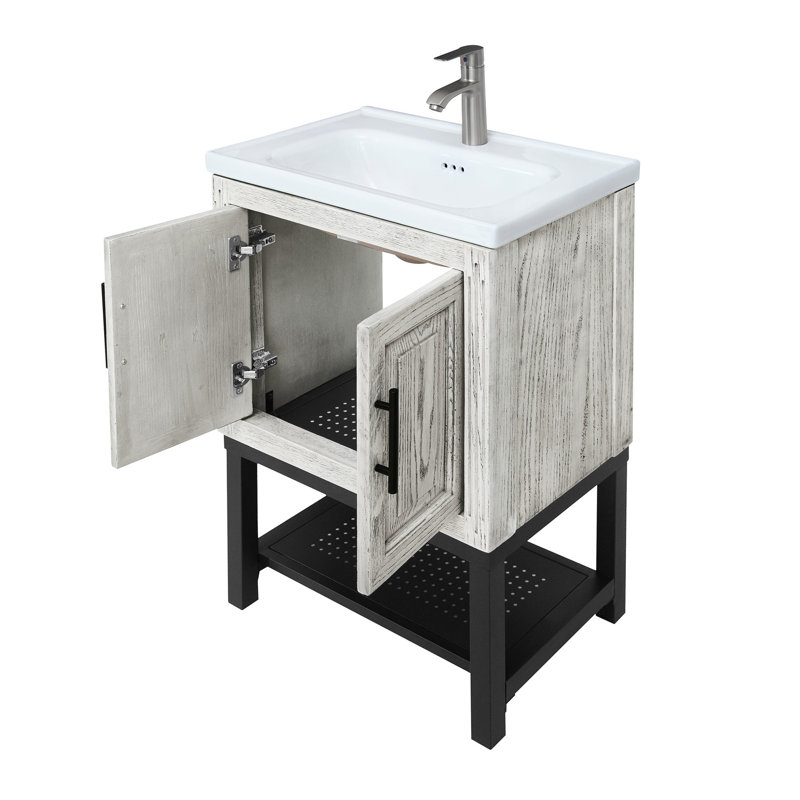 Meuble-lavabo moderne de 24 po avec lavabo en céramique lisse, robinet en aluminium texturé et 1 tablette ouverte pour les armoires autoportantes
