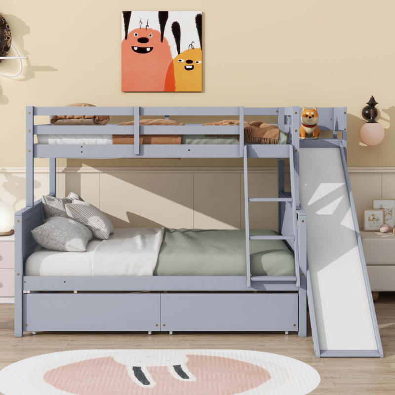 White Rubber Wood Twin-Over-Full Bunk Bed With 2 Drawers, Slide, Shelving, And Ladder For Versatile Use, White