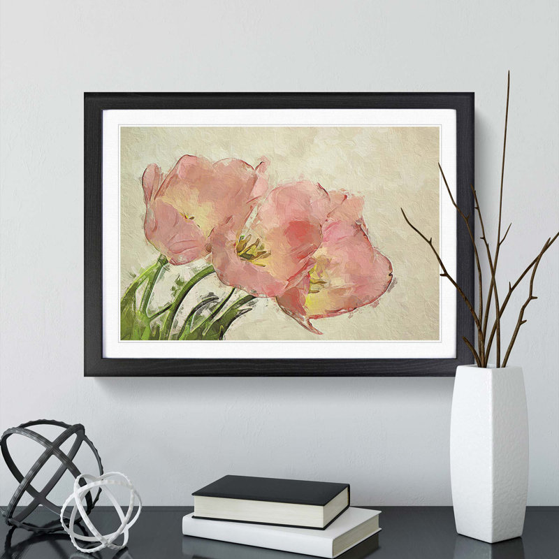 Pink Tulip Art in Abstract - Picture Frame Painting Print, 27cm H x 36cm W x 2cm D, Black Framed