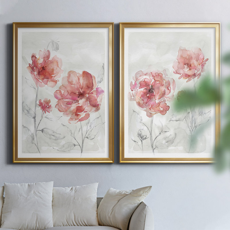 «Blush Botanical I», ensemble de 2 reproductions d'art, H 18,5 po x l 49 po x P 1,5 po, Toile encadrée dorée, Pas de tapis