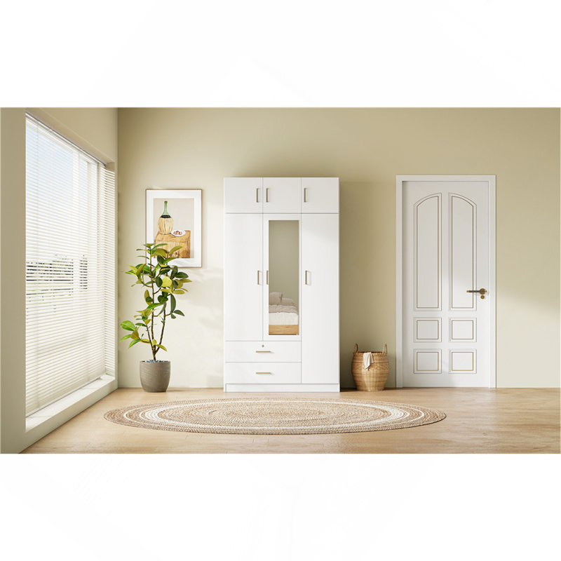 Armoire à miroir 3 portes avec 2 tiroirs et armoire supérieure, Blanc