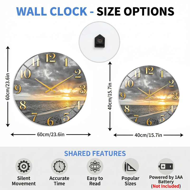 Horloge murale décorative moderne en verre Sunset Beach - 23,6 po, 60 x 60 cm (23,6 x 23,6 pouces)