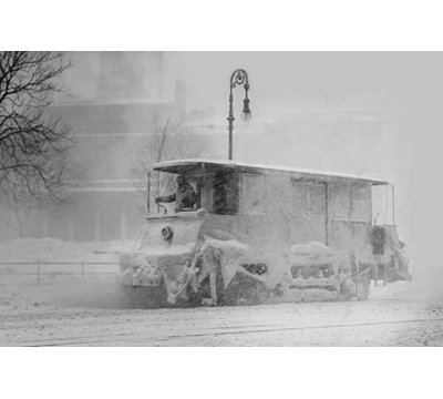 " Trolley Snowplow Pushes Ahead In Heavy Snowfall On New York Streets "
