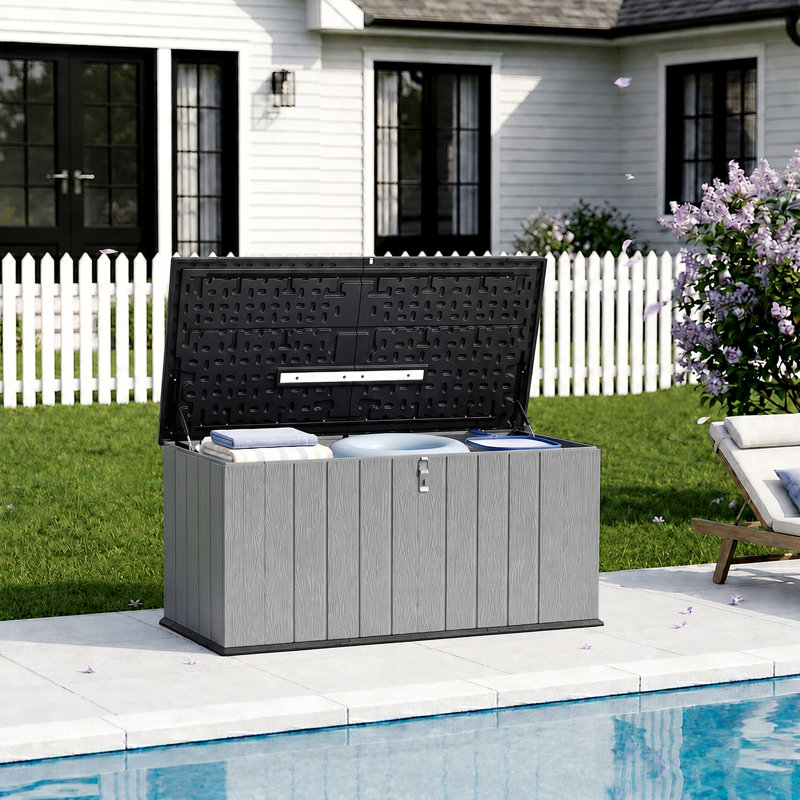 Remise de rangement extérieure l 55,9 po x P 24,8 po, armoire de rangement imperméable en résine, grande boîte de terrasse avec couvercle à ouverture douce, résistante aux rayons UV et au vent pour les arrière-cours de patio, 21 pieds cubes, gris