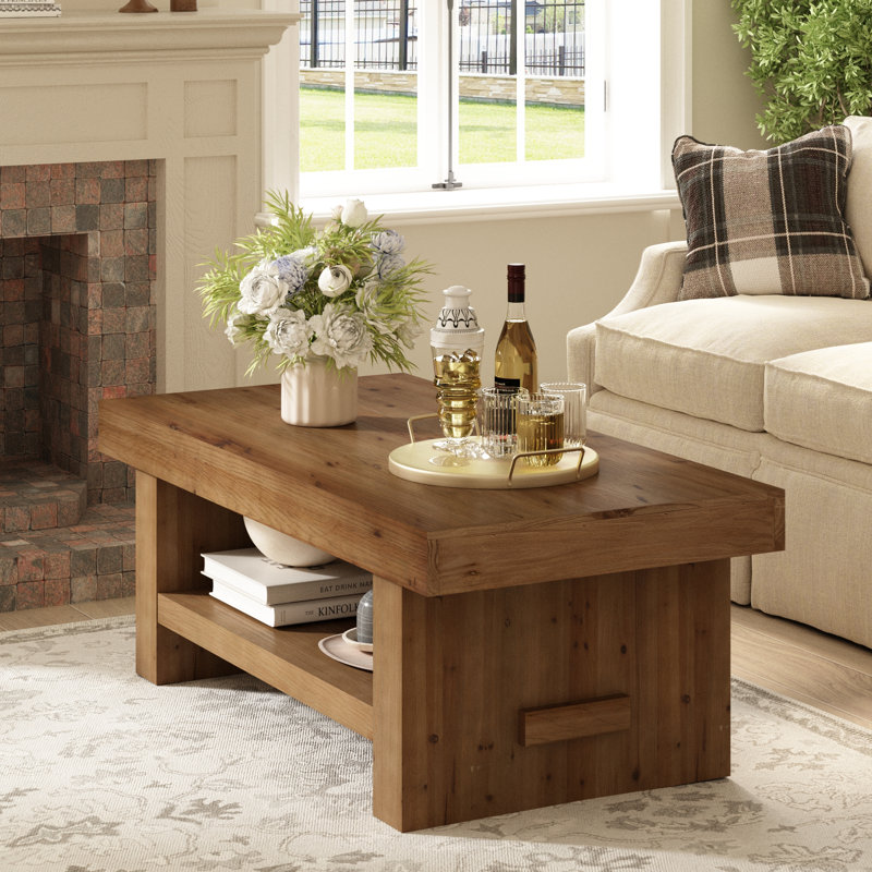 47'' Rectangle Solid Wood Coffee Table with Storage Shelf, Farmhouse 2-Tier Center Table for Living Room
