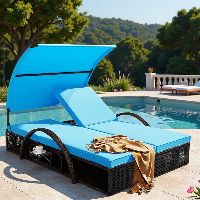 Outdoor Steel Frame Sun Lounger With Curved Sun Canopy, Adjustable Backrest, Hidden Side Table And Arched Armrests, Blue